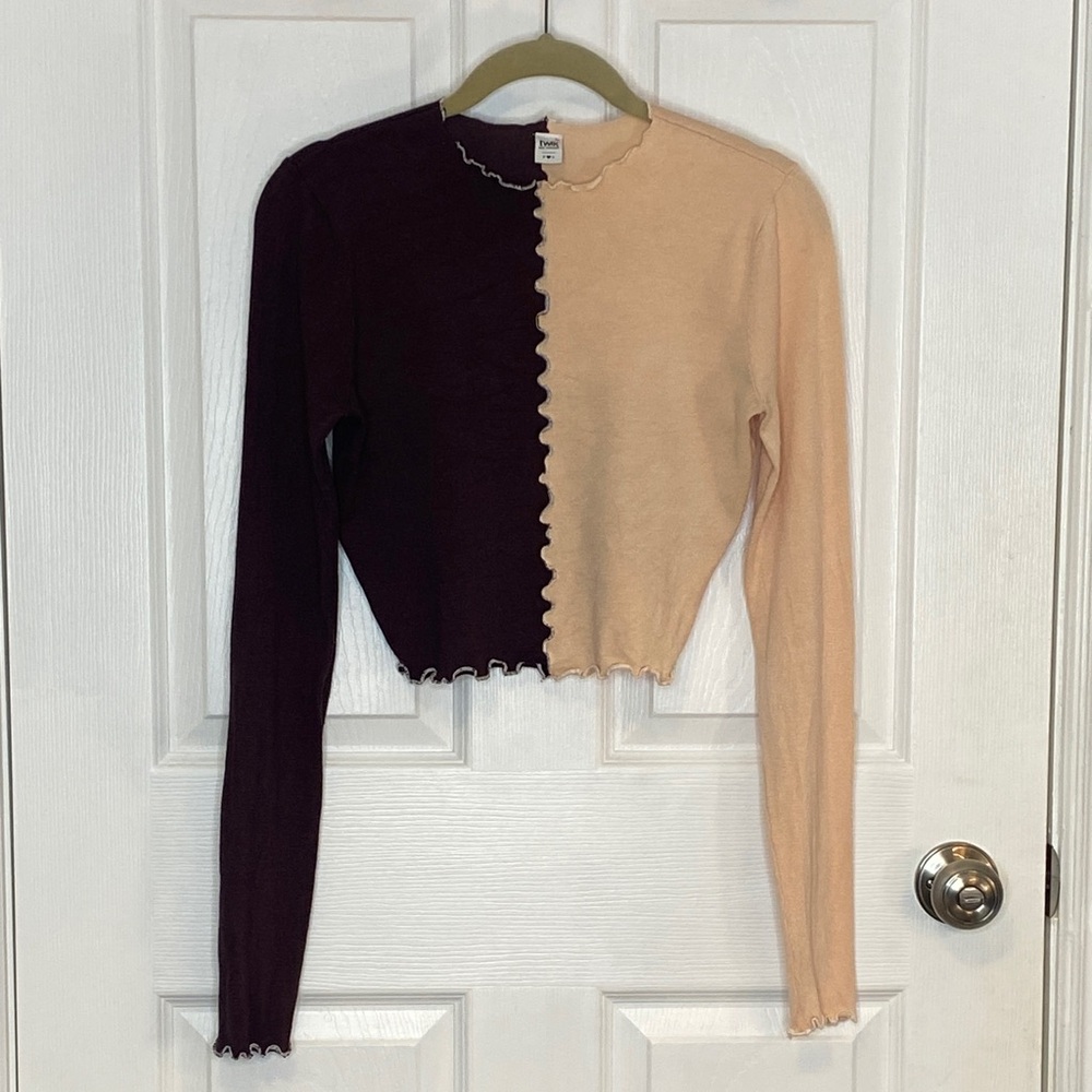 Twik Y2K Style Brown Pink Long Sleeve Crop Top Colorblock Petite Small - Picture 15 of 17